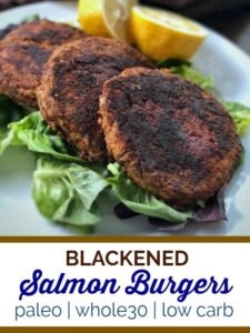 These blackened salmon burgers can be made in a pinch with canned wild salmon for a healthy meal any time of day. #seafood #salmon #whole30 #paleo #keto