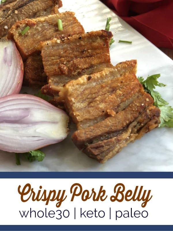 This crispy pork belly is oven baked and then pan seared in ghee to make a delicious protein to go with salad or dipped in your favorite sauce. #whole30 #paleo #keto #lowcarb This crispy pork belly is oven baked and then pan seared in ghee to make a delicious protein to go with salad or dipped in your favorite sauce. #whole30 #paleo #keto #lowcarb