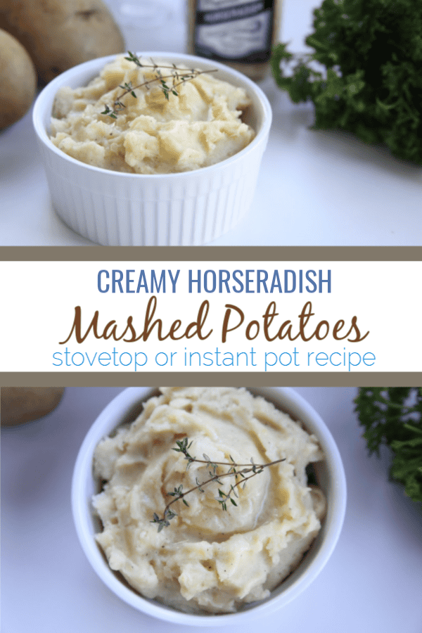 These creamy horseradish mashed potatoes add a great kick to a classic side dish using prepared horseradish. This recipe can be made on the stovetop or in your instant pot. #whole30 #paleo #sidedish