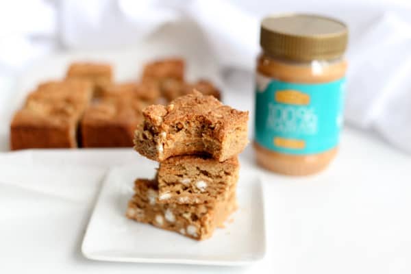 These white chocolate peanut butter blondies are the perfect gooey dessert. Peanut butter white chocolate is a winning dessert combo and these are made gluten free. 