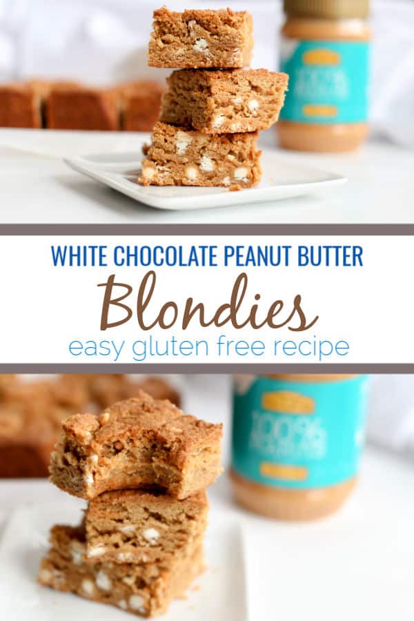 These white chocolate peanut butter blondies are the perfect gooey dessert. Peanut butter white chocolate is a winning dessert combo and these are made gluten free. 