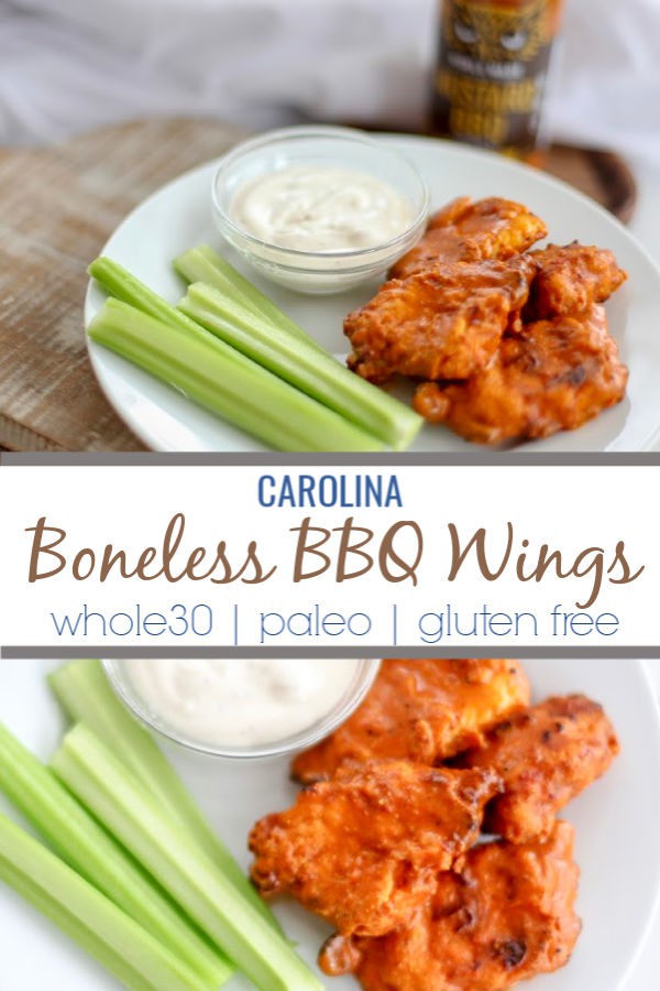 These Carolina Boneless BBQ wings have a sweet and tangy kick.  Makes a great appetizer for game day or parties and is Whole30 compliant and Paleo. 