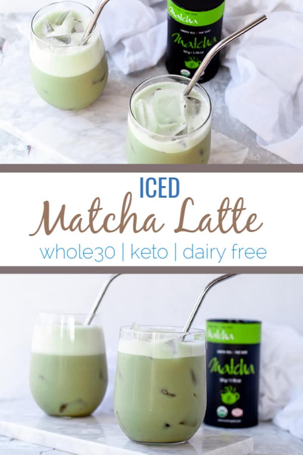 This iced matcha latte recipe is a simple way to get the health benefits of green tea especially during warmer months. Made with matcha tea, dairy free milk and collagen, it packs a nutritional punch. #keto #whole30