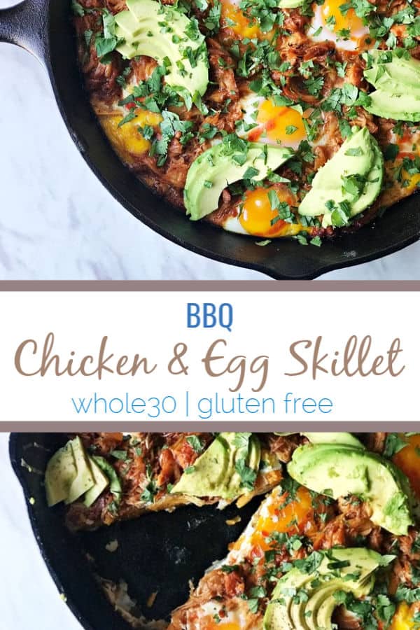 This BBQ chicken & egg skillet uses bbq pulled chicken and an easy sweet potato hash that can be whipped up for breakfast, brunch, lunch or dinner. #whole30 #keto