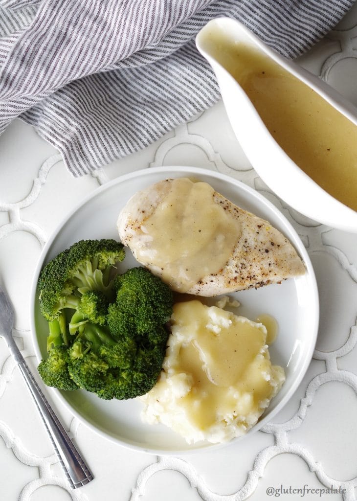 Turkey Neck Gravy served on a meal of chicken, broccoli and mashed potatoes