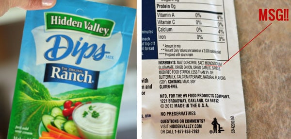 Package of Hidden Valley ranch dip package and ingredients list- including MSG