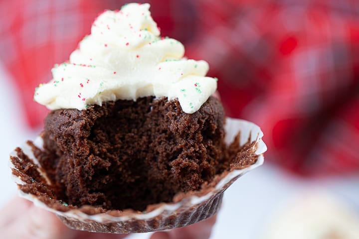 Keto Chocolate Cupcake With Cream Cheese Frosting missing one bite