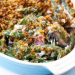 green bean casserole in blue casserole dish