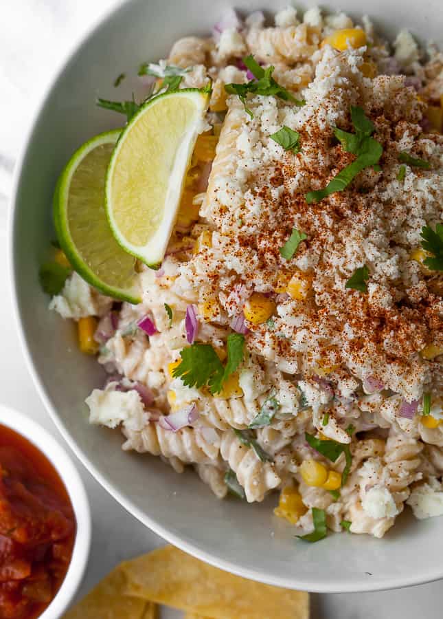Mexican Street Corn Pasta Salad in a white dish