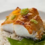 miso marinated butterfish with rice and snap peas