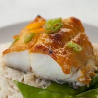 miso marinated butterfish with rice and snap peas
