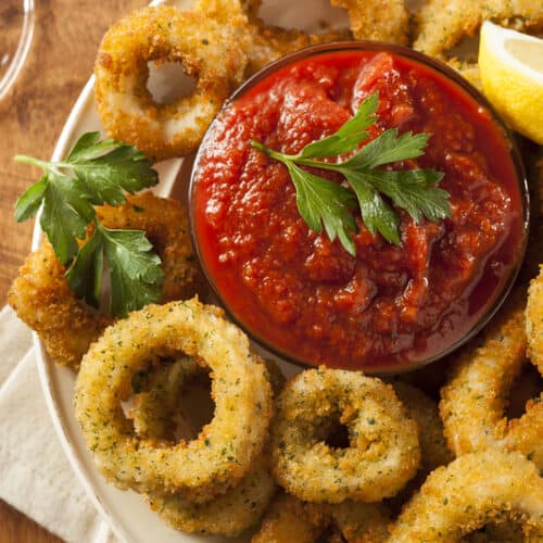 frozen calamari rings with a bowl of marinara sauce on a white plate