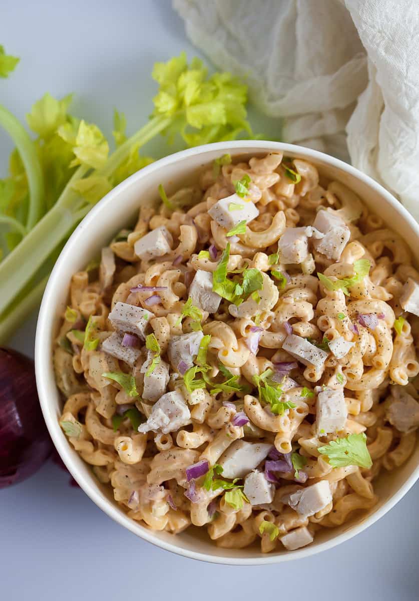 buffalo chicken pasta salad in a bowl