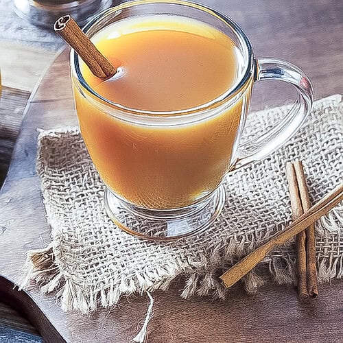 a cup of hot apple cider in a mug with a cinnamon stick