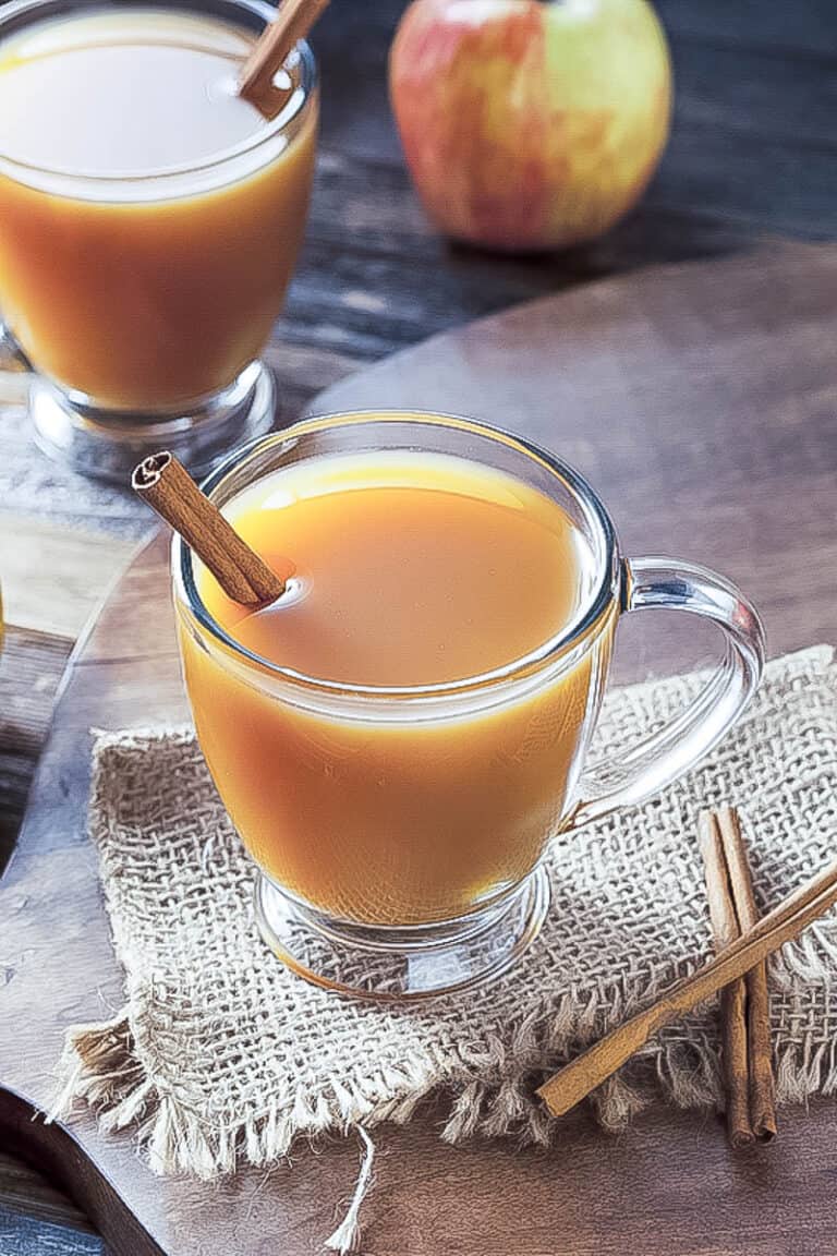 a cup of hot apple cider in a mug with a cinnamon stick