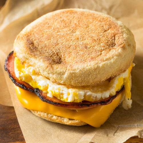 cooked breakfast sandwich on english muffin