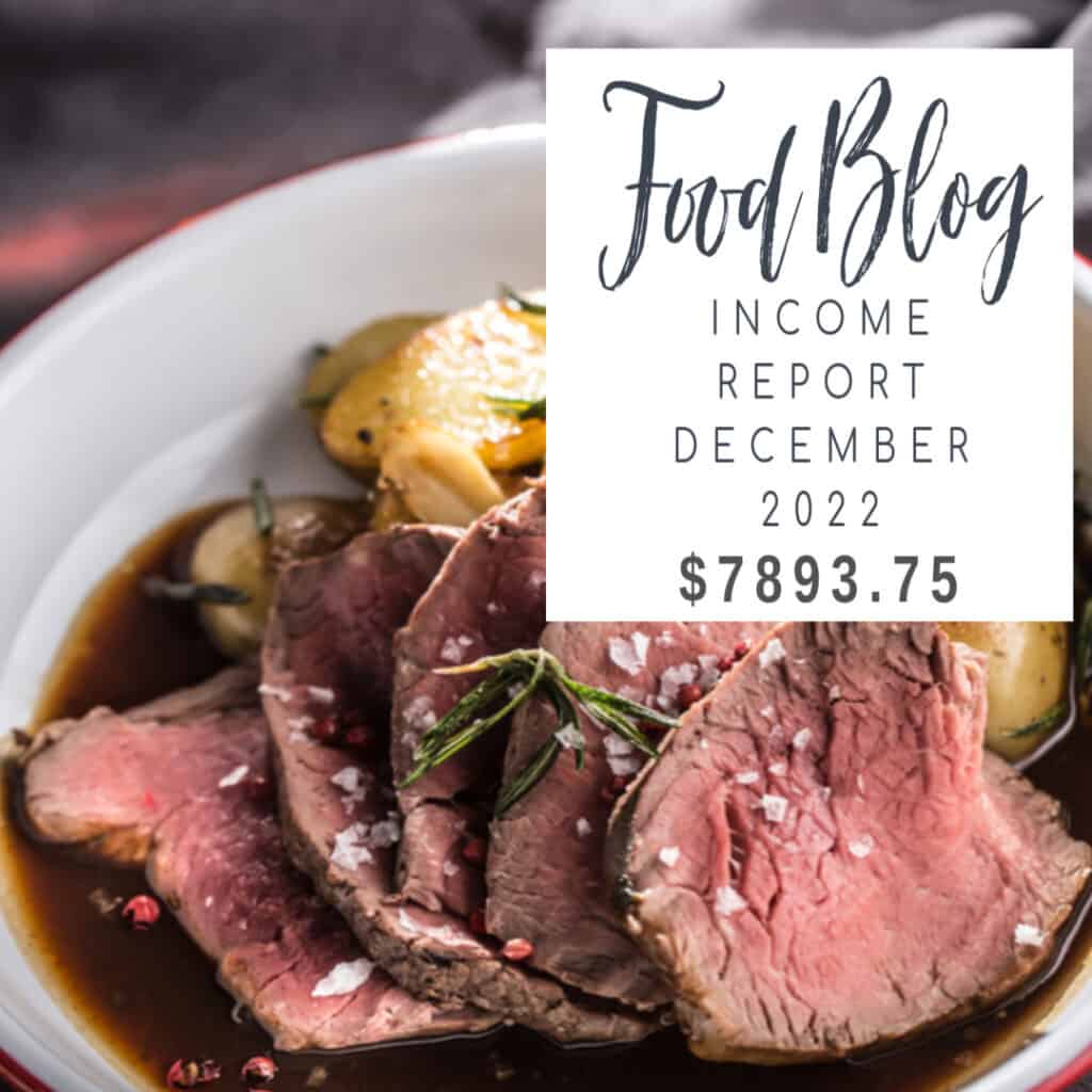 text "food blog income report december 2022 $7893.75" over cooked meat and potatoes