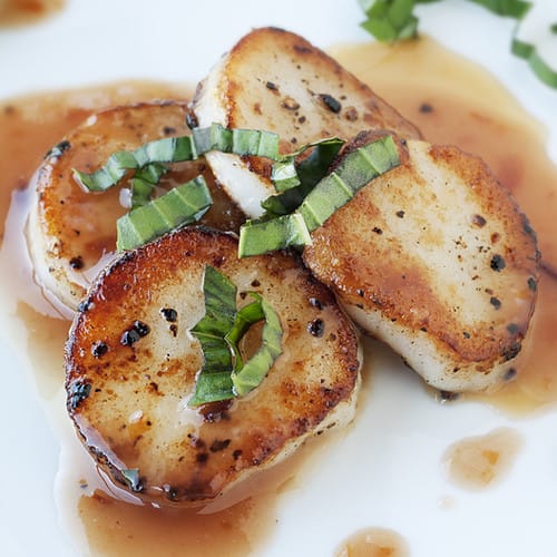 seared scallops on a plate with herbs and sauce