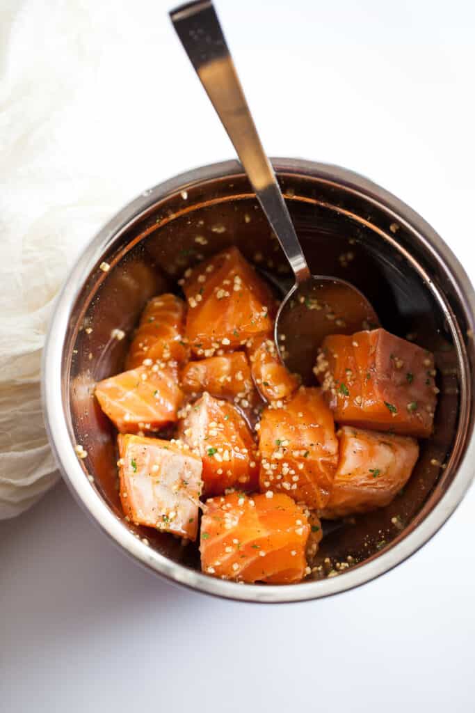 honey garlic marinated salmon bites in a bowl