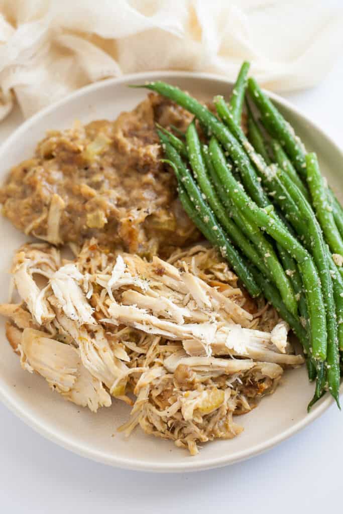 shredded chicken with stuffing and steamed green beans