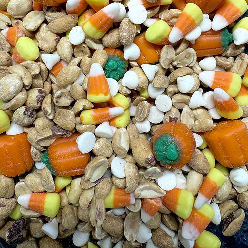 candy corn snack mix with peanuts and white chocolate