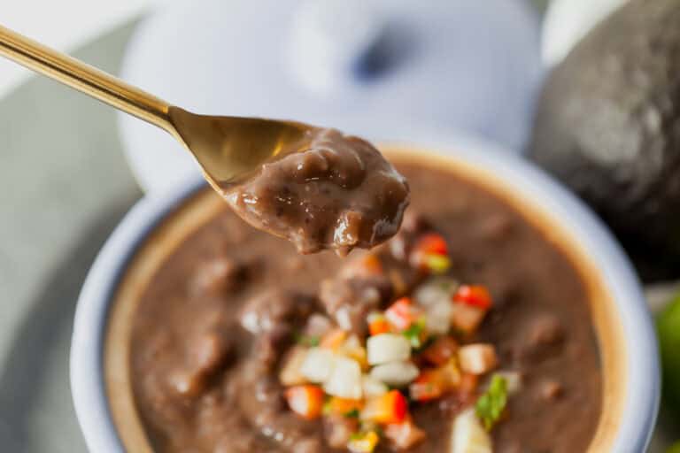 black bean soup on a spoon with a bowl of black bean soup underneath