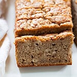 moist slice of banana bread made with greek yogurt