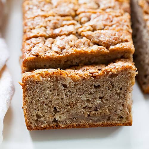 moist slice of banana bread made with greek yogurt