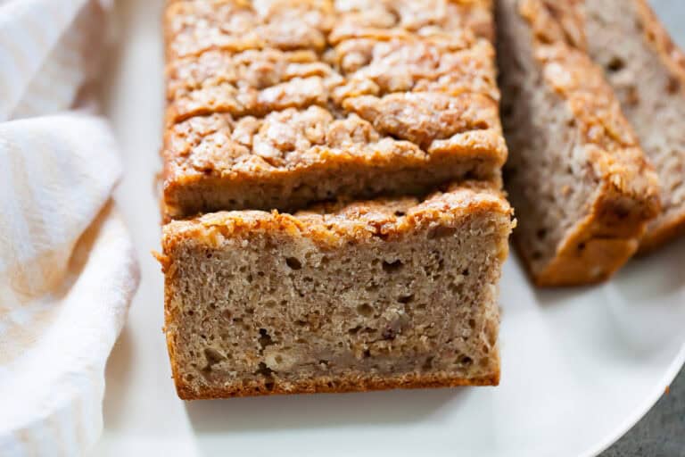 moist slice of banana bread made with greek yogurt