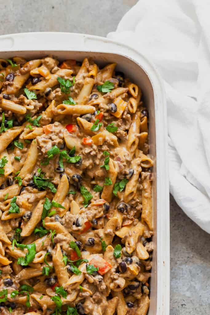 Penne pasta with creamy taco sauce topped with cilantro