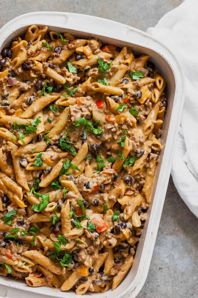 Penne pasta with creamy taco sauce topped with cilantro