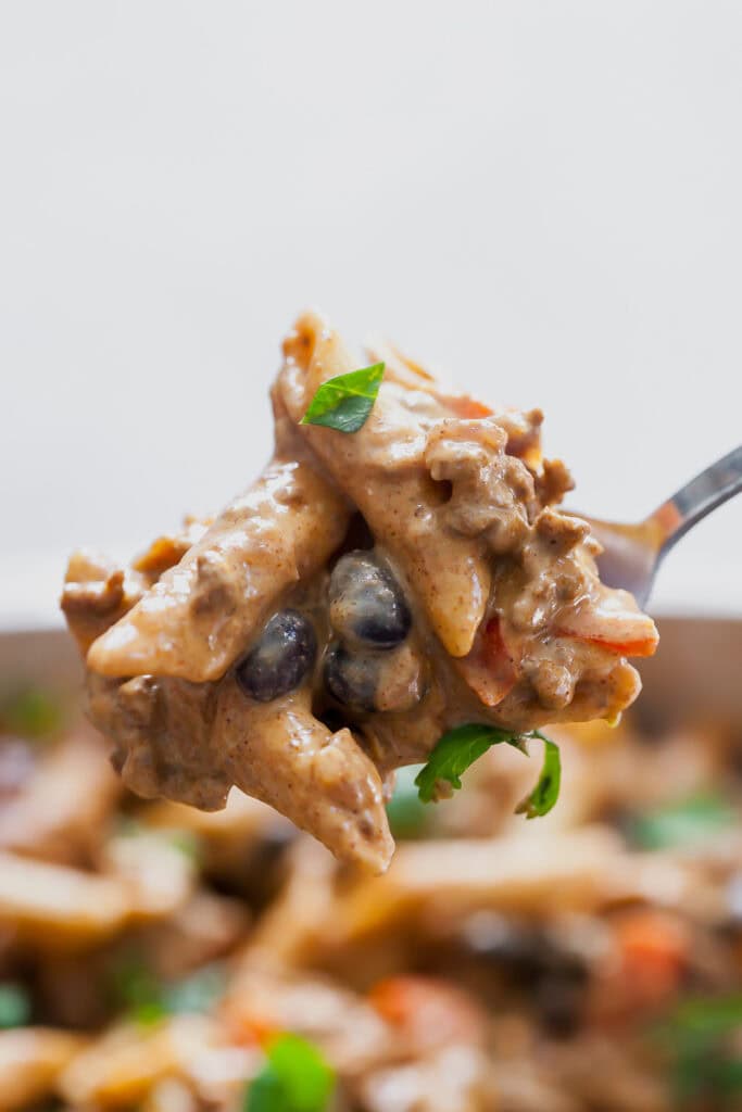 spoonful of Penne pasta with creamy taco sauce topped with cilantro