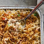 chciken noodle casserole with french fried onions on top