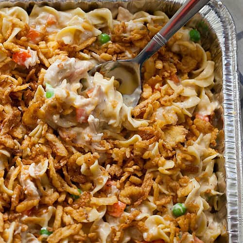chciken noodle casserole with french fried onions on top