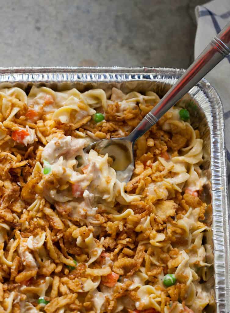 chciken noodle casserole with french fried onions on top
